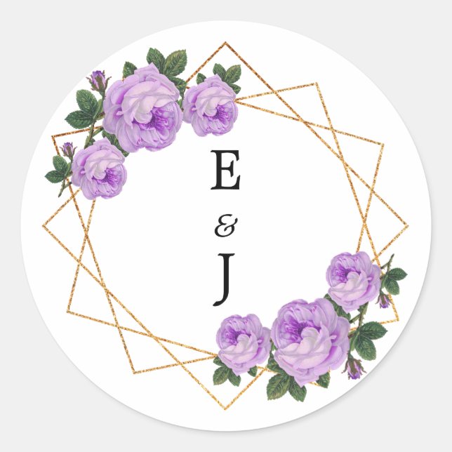 Elegant Gold Glitter Geometric Purple Floral Wed Classic Round Sticker (Front)