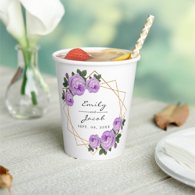 Elegant Gold Glitter Geometric Purple Floral Wed Paper Cups (Insitu)