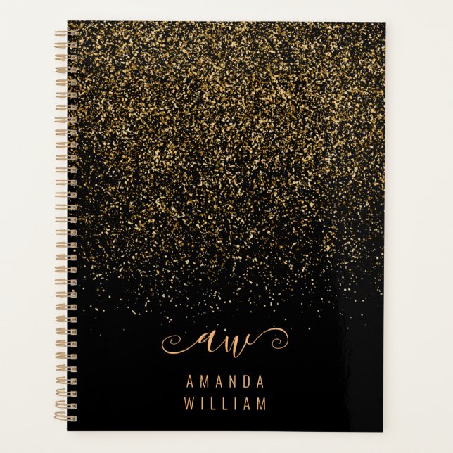 Elegant Gold Glitter Glam Monogram Name Planner (Front)