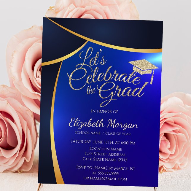 Elegant Gold Glitter Grad Cap,Blue Graduation Invitation (Creator Uploaded)