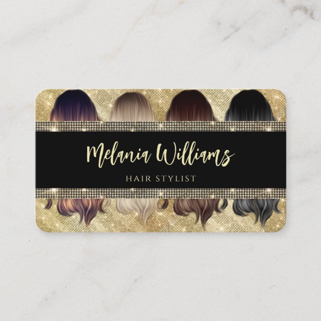 Elegant Gold Glitter Hair Stylist Salon Modern Business Card (Front)