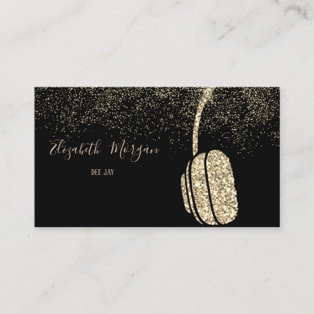 Elegant Gold Glitter Headphone DJ, Confetti Business Card (Front)