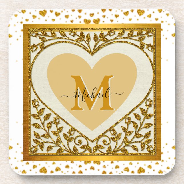 Elegant Gold Glitter Heart Initial & Name Coaster (Front)