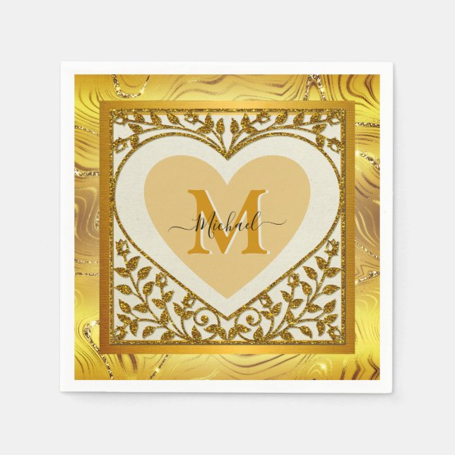 Elegant Gold Glitter Heart Initial & Name Napkin (Front)