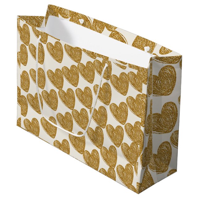 Elegant Gold Glitter Heart Wrapping Paper Large Gift Bag (Front Angled)
