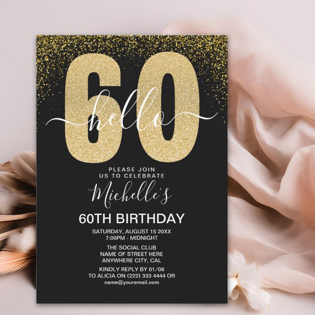 Elegant Gold Glitter "Hello 60" Birthday  Invitation (Creator Uploaded)