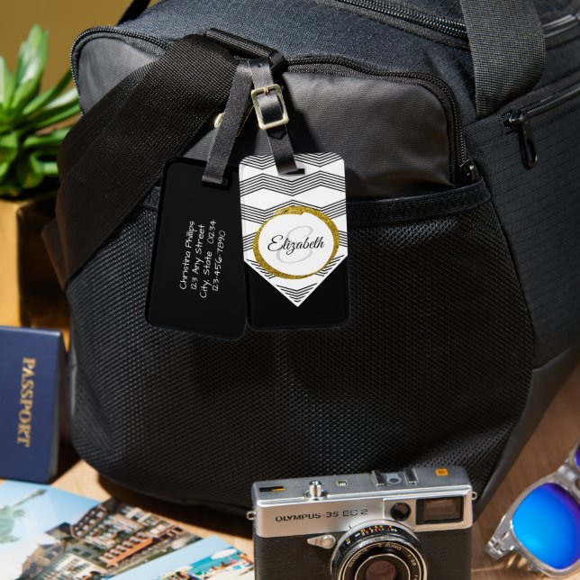 Elegant Gold Glitter Initial Letter Monogram Luggage Tag (Front & Back)