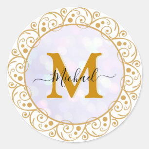 Elegant Gold Glitter Initial & Name Classic Round Sticker