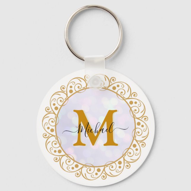 Elegant Gold Glitter Initial & Name Key Ring (Front)