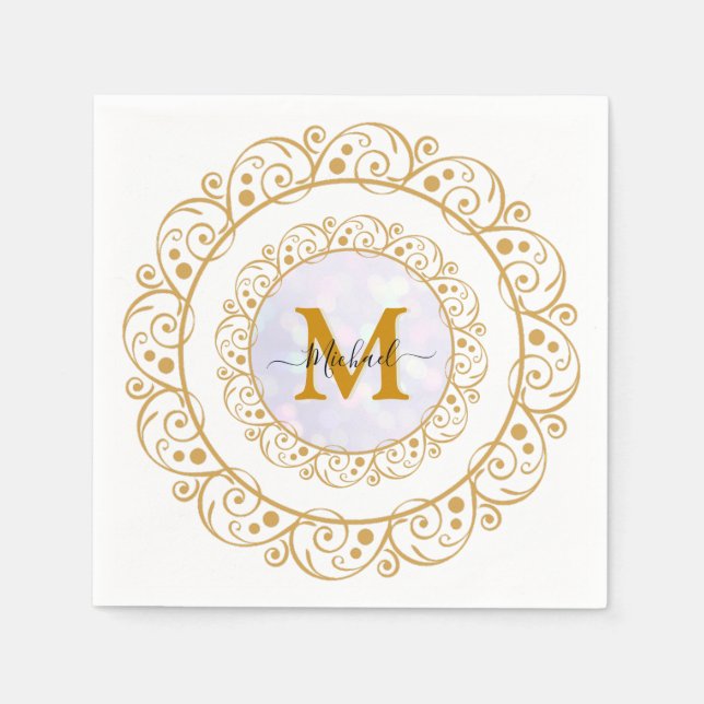 Elegant Gold Glitter Initial & Name Napkin (Front)