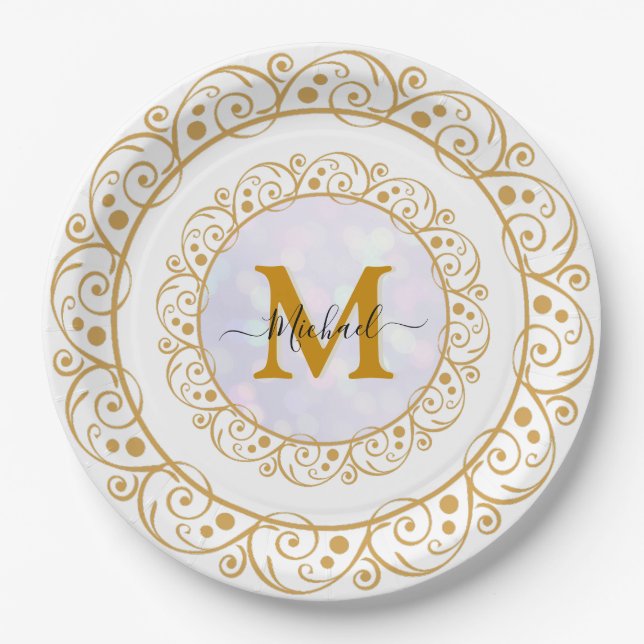 Elegant Gold Glitter Initial & Name Paper Plate (Front)