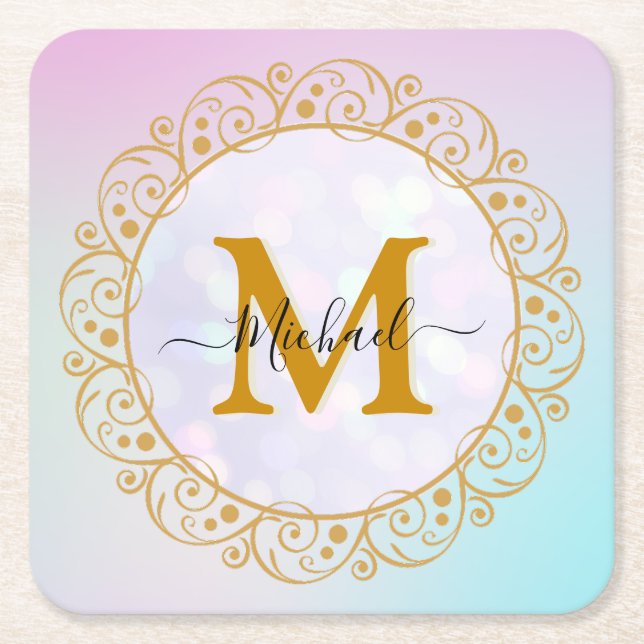 Elegant Gold Glitter Initial & Name Square Paper Coaster (Front)