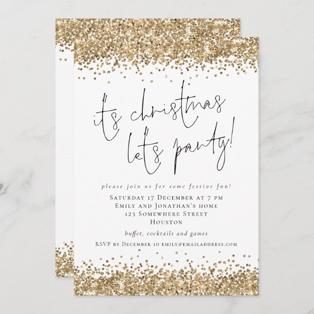 Elegant Gold Glitter Its Christmas Lets Party Invitation (Front/Back)
