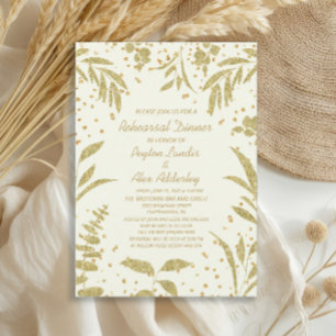 Elegant Gold Glitter Leaves Wedding Rehearsal Invitation