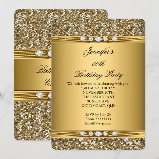 Elegant Gold Glitter Look Diamond Birthday Party Invitation (Front/Back)