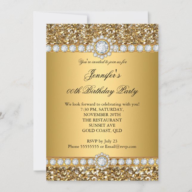 Elegant Gold Glitter Look Diamond Trim Birthday Invitation (Front)