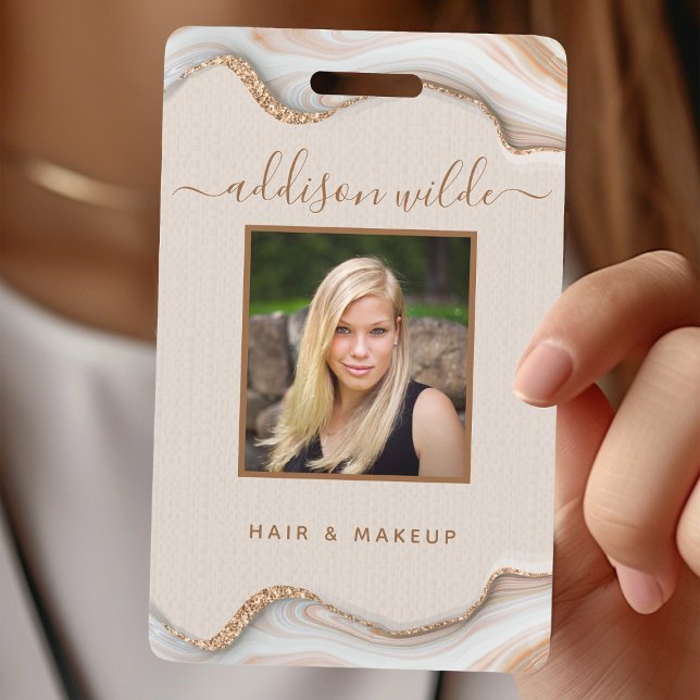 Elegant Gold Glitter Marble Agate Salon ID Badge (Creator Uploaded)