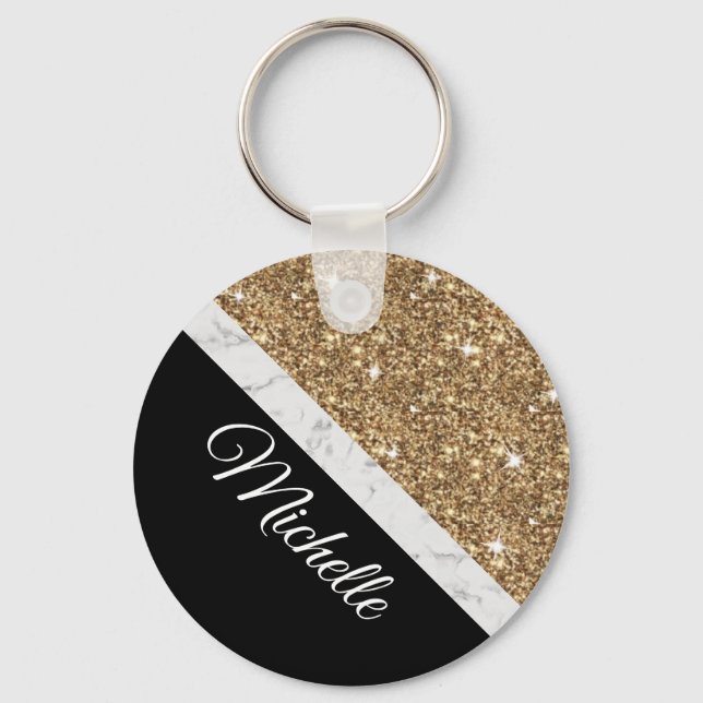 Elegant Gold Glitter Marble Custom Name Black Chic Key Ring (Front)