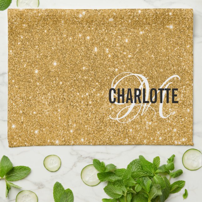 Elegant gold glitter monogram name kitchen towel (Folded)