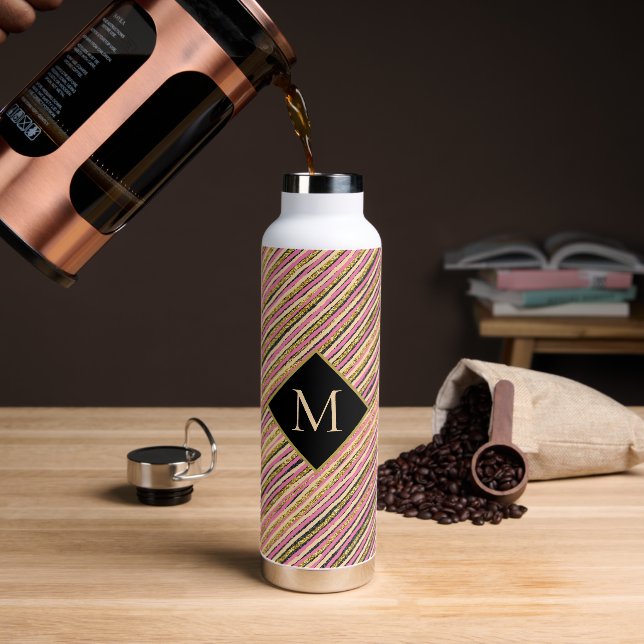 Elegant Gold Glitter Monogram Stripes Black Water Bottle (Coffee)