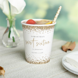 Elegant Gold Glitter Name Date Sweet Sixteen Paper Cups