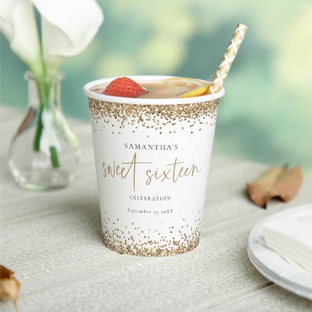 Elegant Gold Glitter Name Date Sweet Sixteen Paper Cups (Insitu)