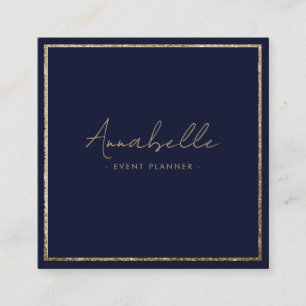 Elegant Gold Glitter & Navy Blue Frame Minimal Square Business Card