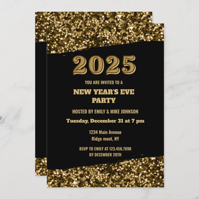 Elegant Gold Glitter New Years Eve Black 2025 Invitation (Front/Back)