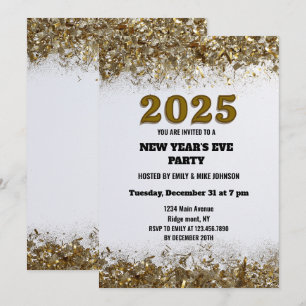 Elegant Gold Glitter New Years Eve white 2025 Invitation