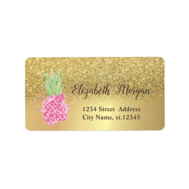 Elegant Gold Glitter Ombre Watercolor Pineapple Label (Front)