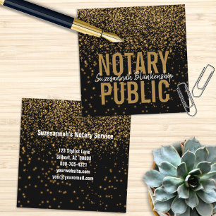Elegant Gold Glitter On Black Custom Notary Square Business Card