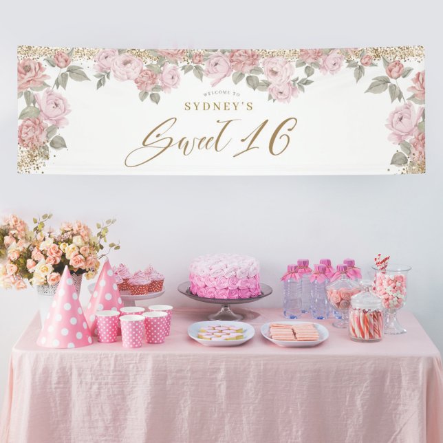 Elegant Gold Glitter Peony Floral Sweet 16 Welcome Banner (Creator Uploaded)
