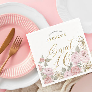 Elegant Gold Glitter Peony Florals Sweet 16 Favor Napkin