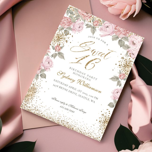 Elegant Gold Glitter Peony Florals Sweet 16 Invitation (Creator Uploaded)
