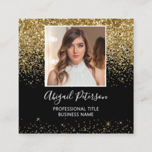 Elegant Gold Glitter Photo QR Code Black Square Business Card