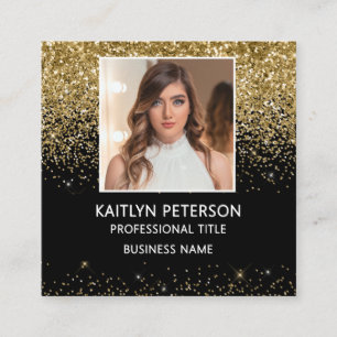 Elegant Gold Glitter Photo QR Code Black Square Business Card
