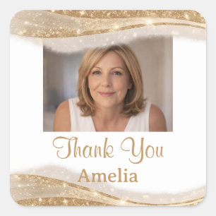 Elegant Gold Glitter Photo Thank You Birthday Square Sticker