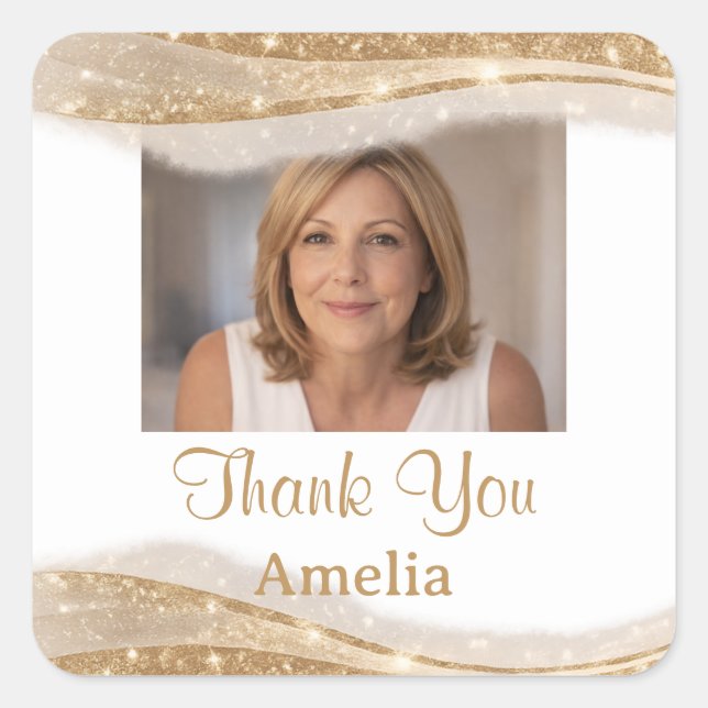 Elegant Gold Glitter Photo Thank You Birthday Square Sticker (Front)