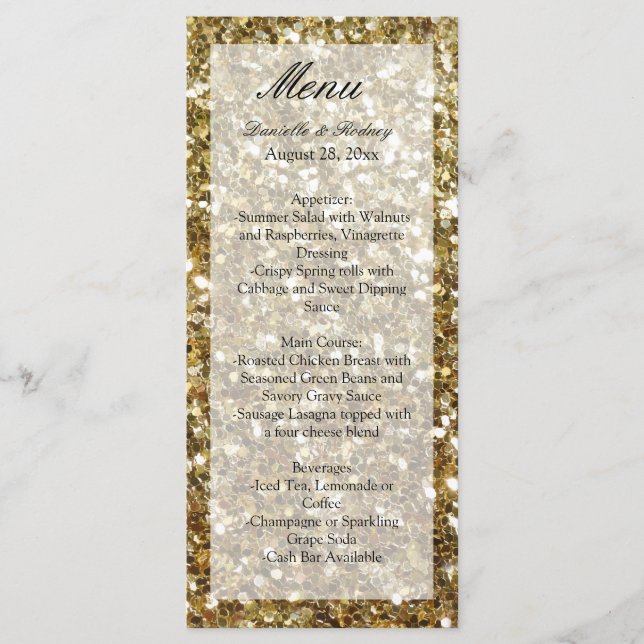 Elegant Gold Glitter Printed Wedding Menu (Front)