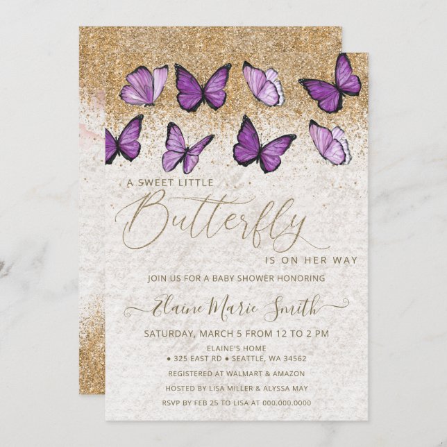 Elegant Gold Glitter Purple Butterfly Baby Shower  Invitation (Front/Back)