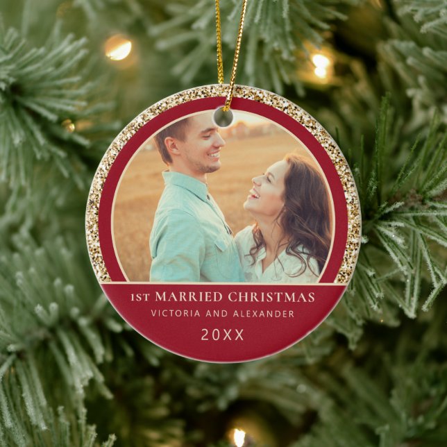 Elegant Gold Glitter Red 1st Married Christmas   Ceramic Tree Decoration (Tree)