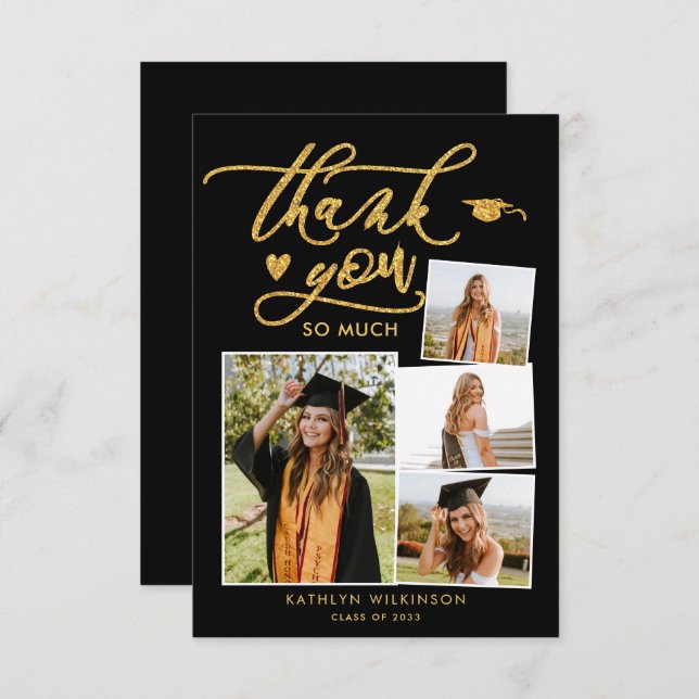 Elegant Gold Glitter Script Black Graduation Thank You Card (Front/Back)