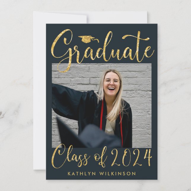 Elegant Gold Glitter Script Chic Blue Photo GRAD Announcement (Front)
