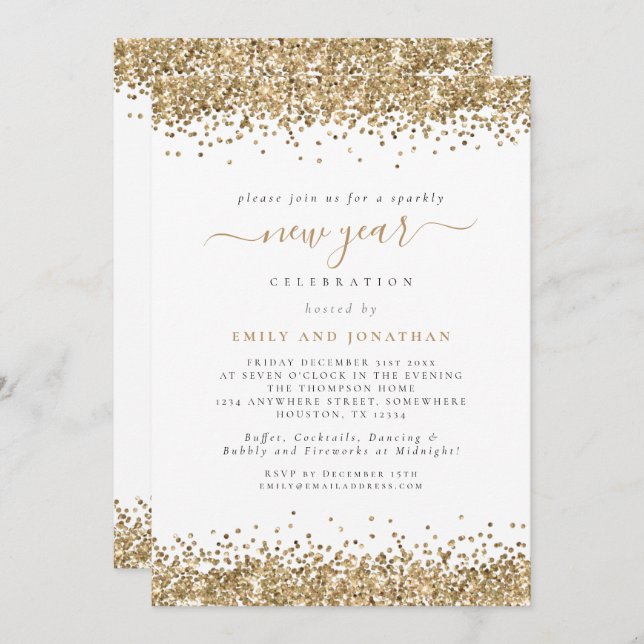 Elegant Gold Glitter Script New Years Eve Party Invitation (Front/Back)