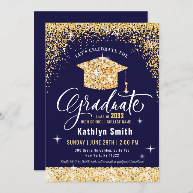 Elegant Gold Glitter Script Sparkling Graduation Invitation (Front/Back)