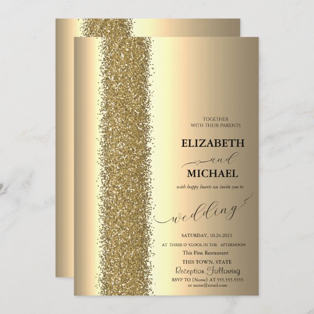 Elegant Gold Glitter Script Wedding Invitation (Front/Back)