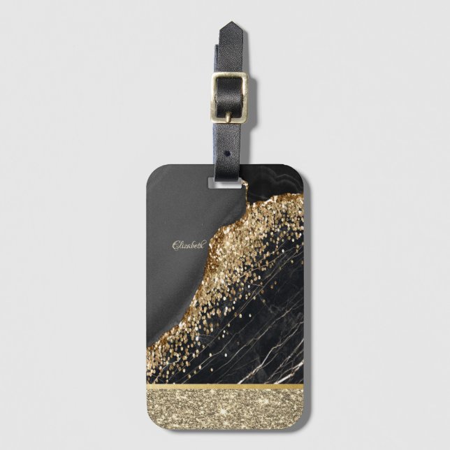 Elegant Gold Glitter Sequins Black Marble  Luggage Tag (Front Vertical)