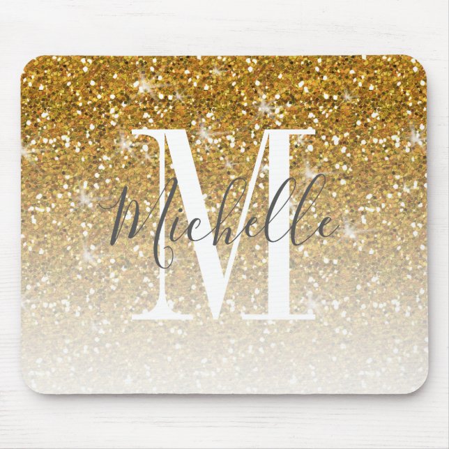 Elegant Gold Glitter Sparkle Monogram Name Mouse Pad (Front)