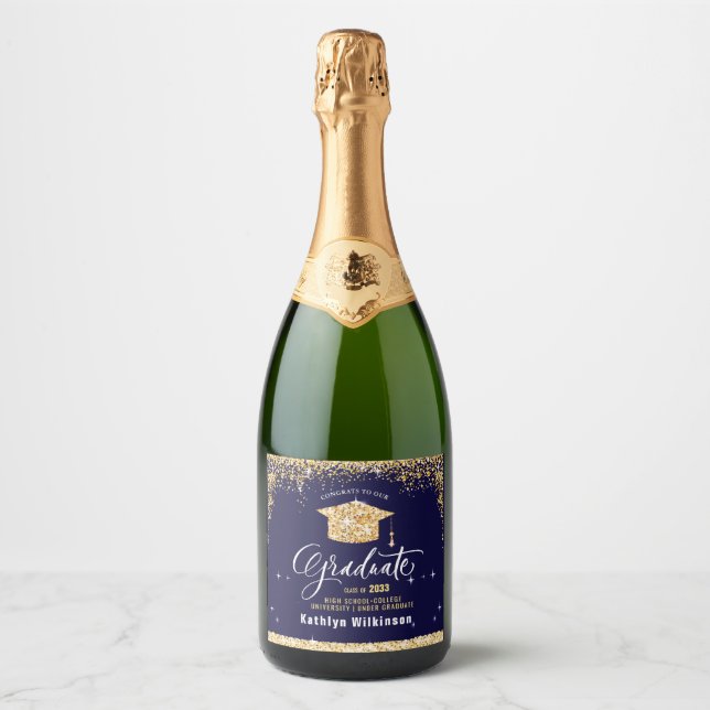Elegant Gold Glitter Sparkling Graduation Party Wine Label (Front)