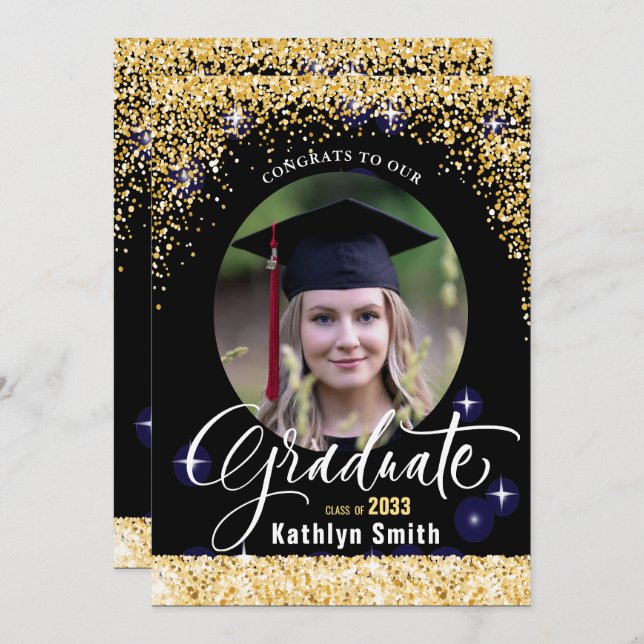 Elegant Gold Glitter Sparkling Photo Graduation Announcement (Front/Back)
